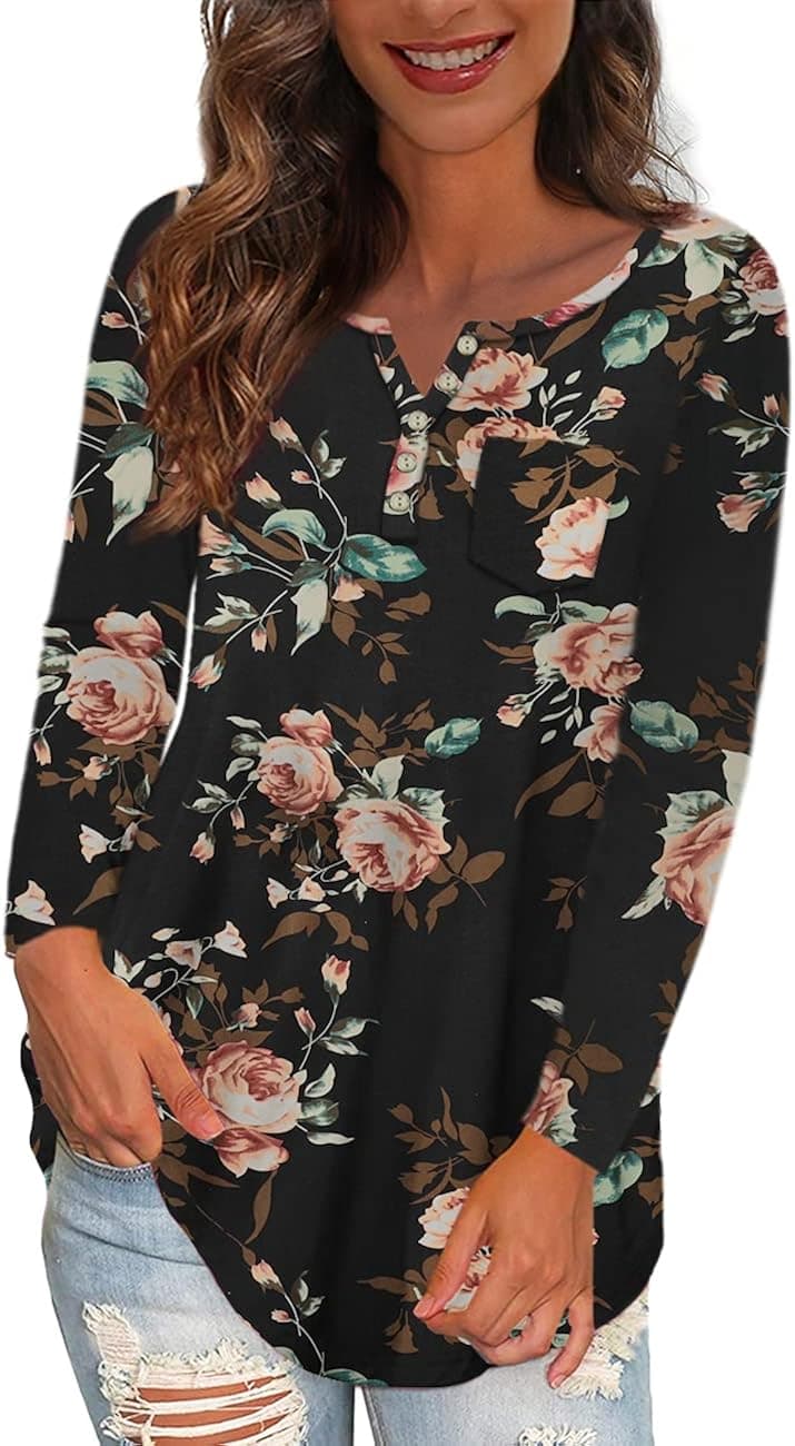 Ushdele Women's Plus Size Tops V Neck Button Henley Floral Casual Tunic Tops Blouse with Pocket