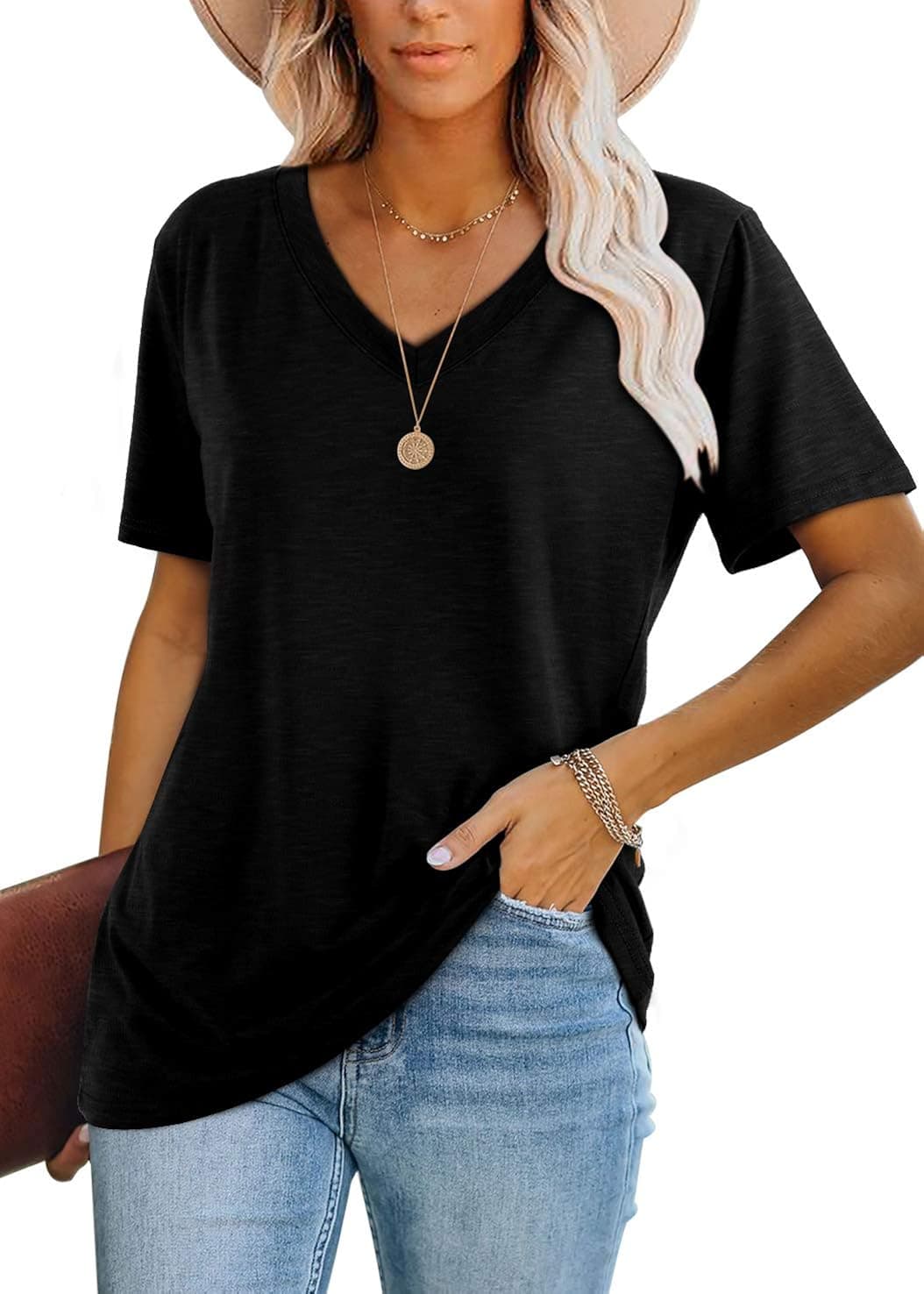 WIHOLL Womens Tops Casual Short Sleeve V Neck T Shirts