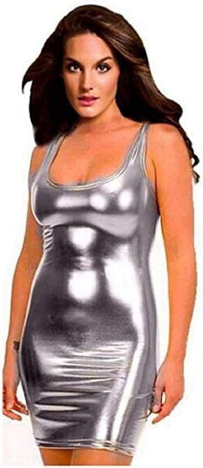 Bingirl Gothic Hot Sleeveless Dress Metallic Wetlook Clubwear Stripper