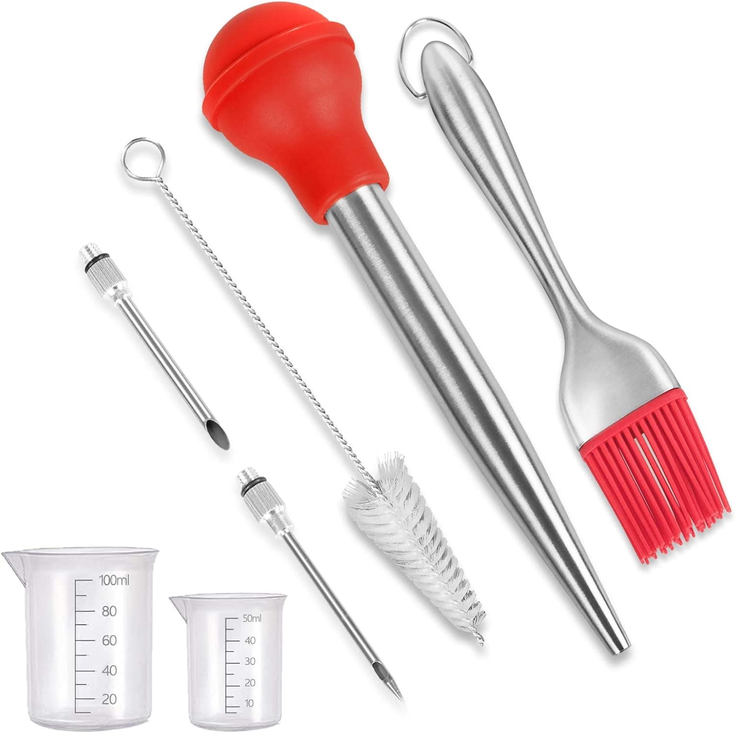 Knendet Turkey Baster Set, Meat Baster Syringe Stainless Steel with Silicone Bulb, Heat Resistant Meat Injector for Cooking BBQ with Marinade Needles, Oil Brush, Cleaning Brush & 2 Measured Cups