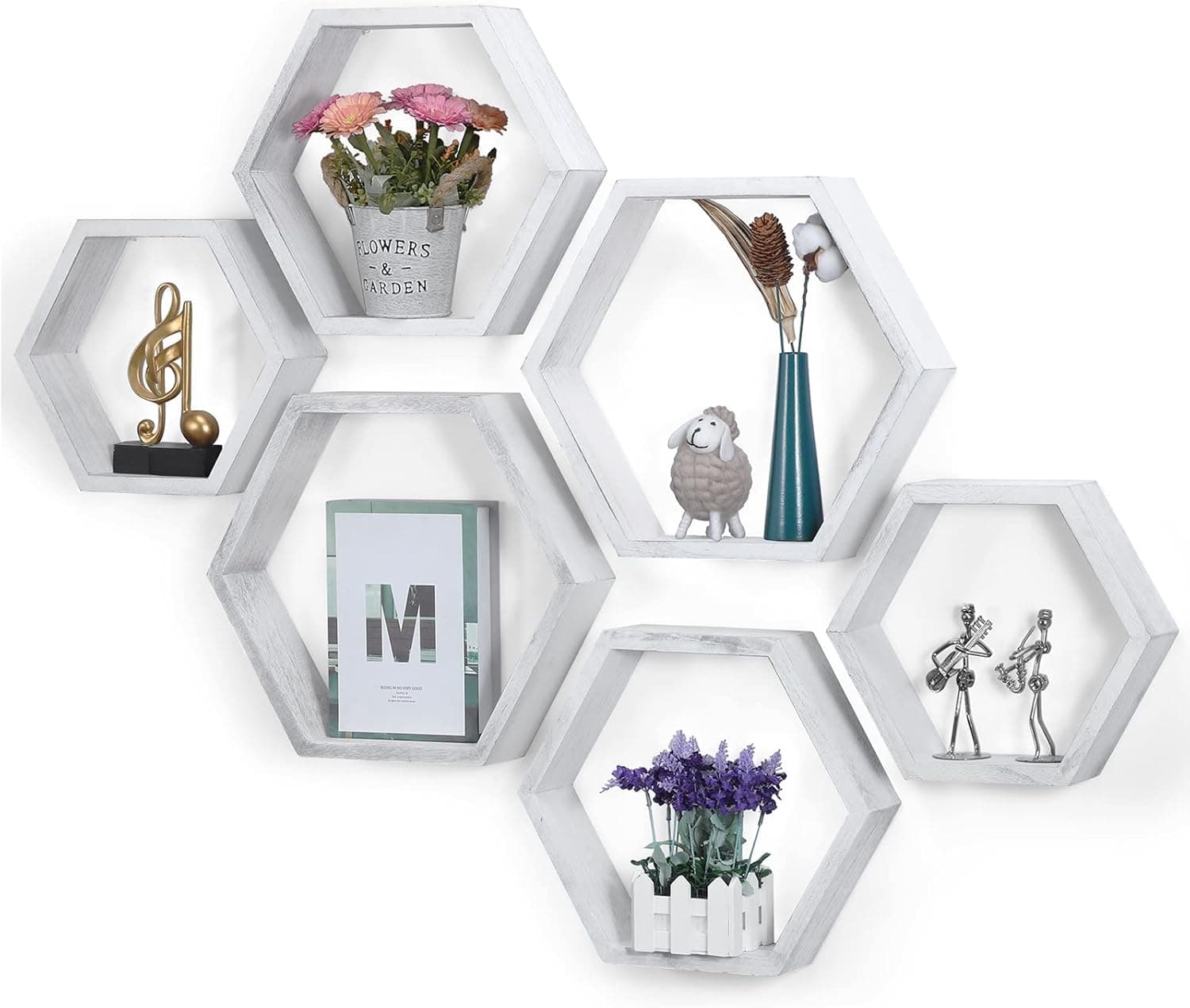 SEHERTIWY Hexagonal Floating Shelves Wall Mounted Set of 6 Wood Farmhouse Storage Honeycomb Wall Shelf for Bathroom, Kitchen, Bedroom, Living Room, Office,Driftwood Finish (Rustic White)