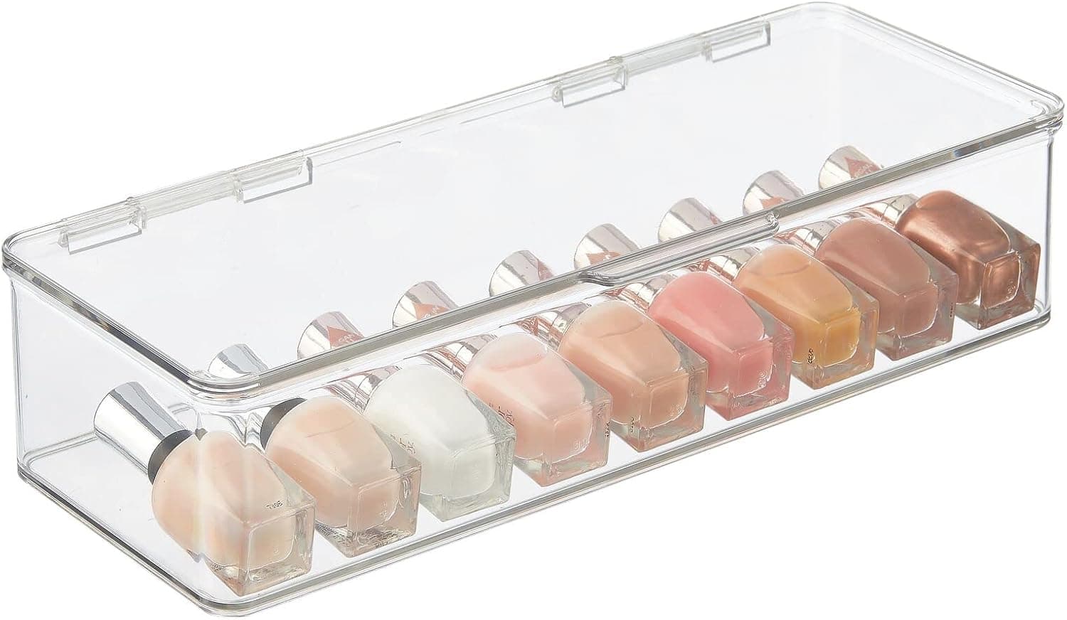 mDesign Long Plastic Cosmetic Storage Organizer Box Containers with Hinged Lid for Bedroom, Bathroom, and Vanity Shelf or Cabinet, Holds Masks, Palettes, Lotion, Astringents, or Nail Polish - Clear