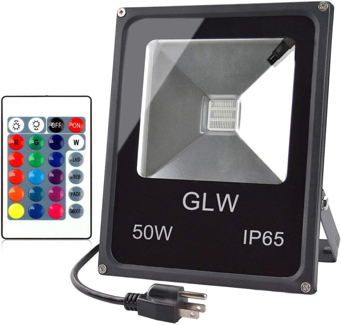 GLW RGB LED Flood Lights,50W Outdoor Super Bright Spotlight,High Power 16 Colors Remote Control Floodlight,4 Modes with US 3-Plug,IP65 Waterproof Spotlight for Stage,Yard