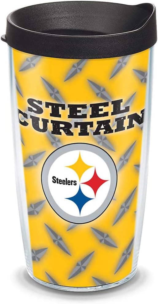 Tervis NFL Pittsburgh Steelers Steel Curtain Tumbler with Wrap and Black Lid 16oz, Clear