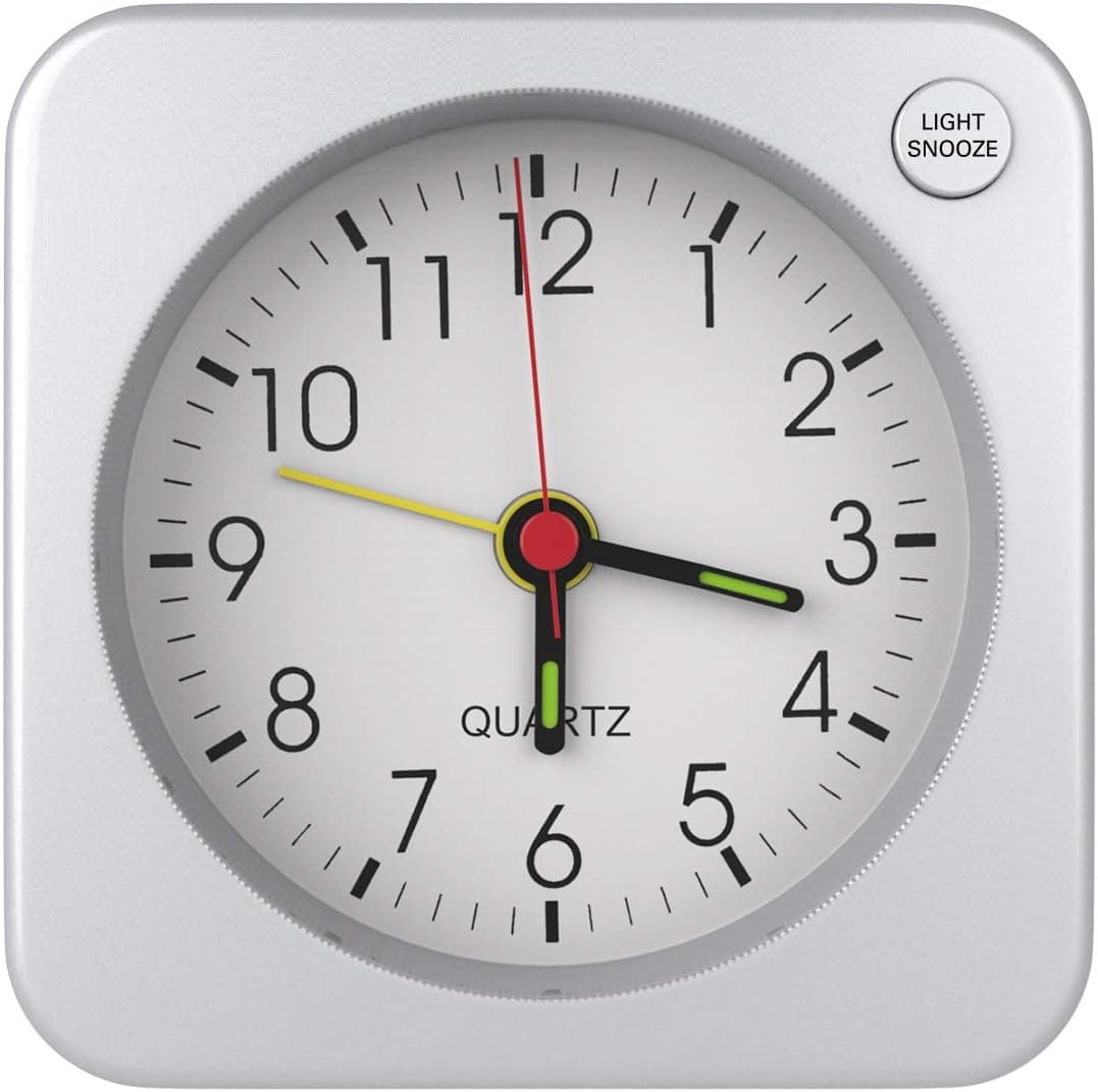 MoKo Alarm Clock, Small Battery Travel Alarm Clock, Classic Simple Square Design Mini Alarm-Clock with Snooze and Backlight for Office, Living Room, Bedroom [Battery Not Included] - Silver