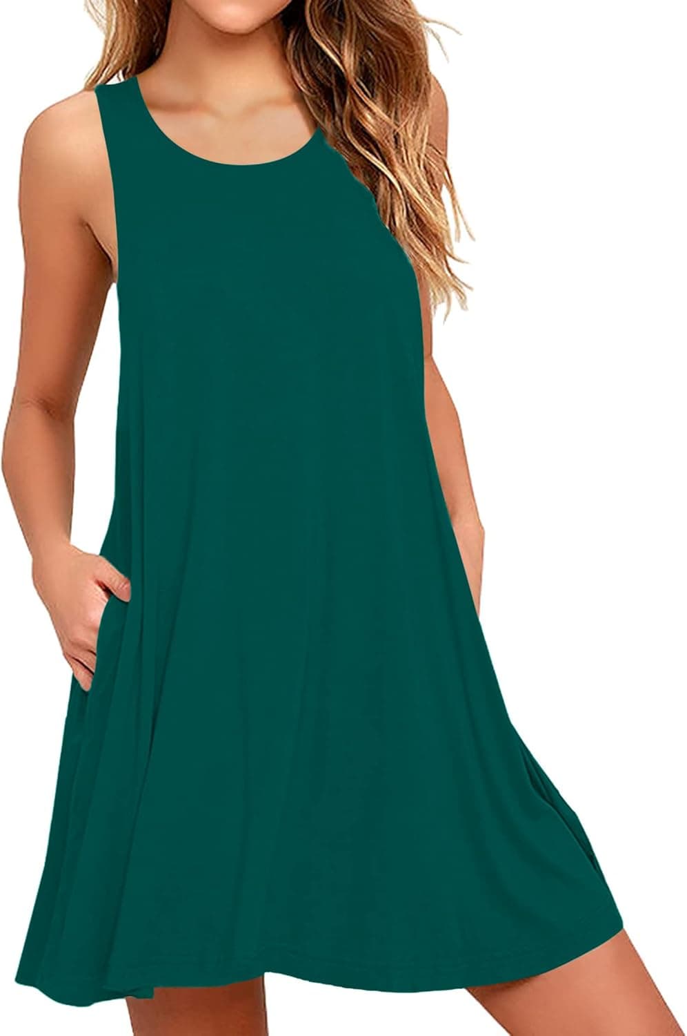 AUSELILY Women's Solid Plain Sleeveless Pockets Casual Swing T-Shirt Dresses Dark Teal Hunter Green (2XL,Dark Green)
