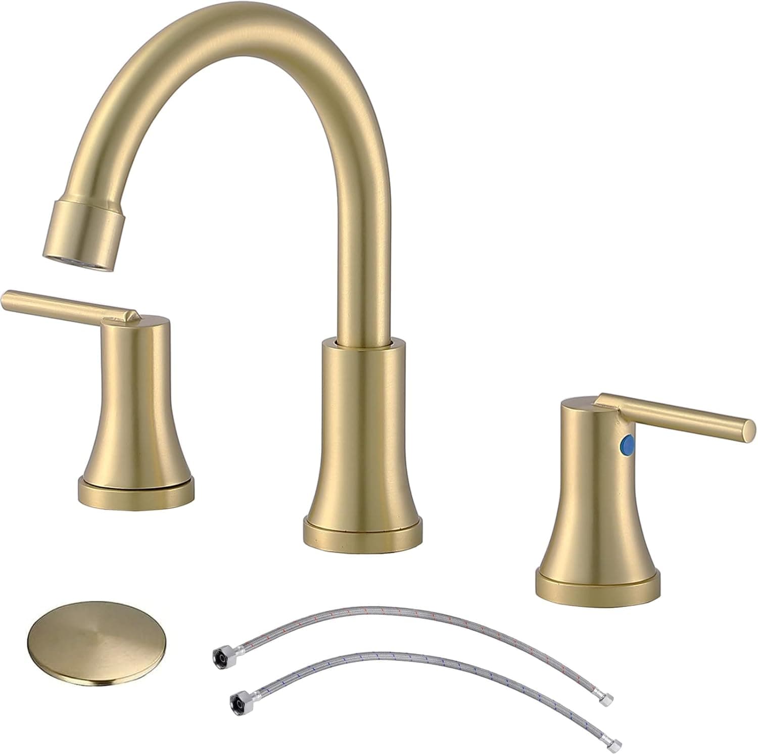 VESLA HOME Modern Stainless Steel Widespread 3 Hole Gold Bathroom Faucet,Lavatory Bathroom Vanity Sink Faucet with Water Hoses and Pop-up Drain