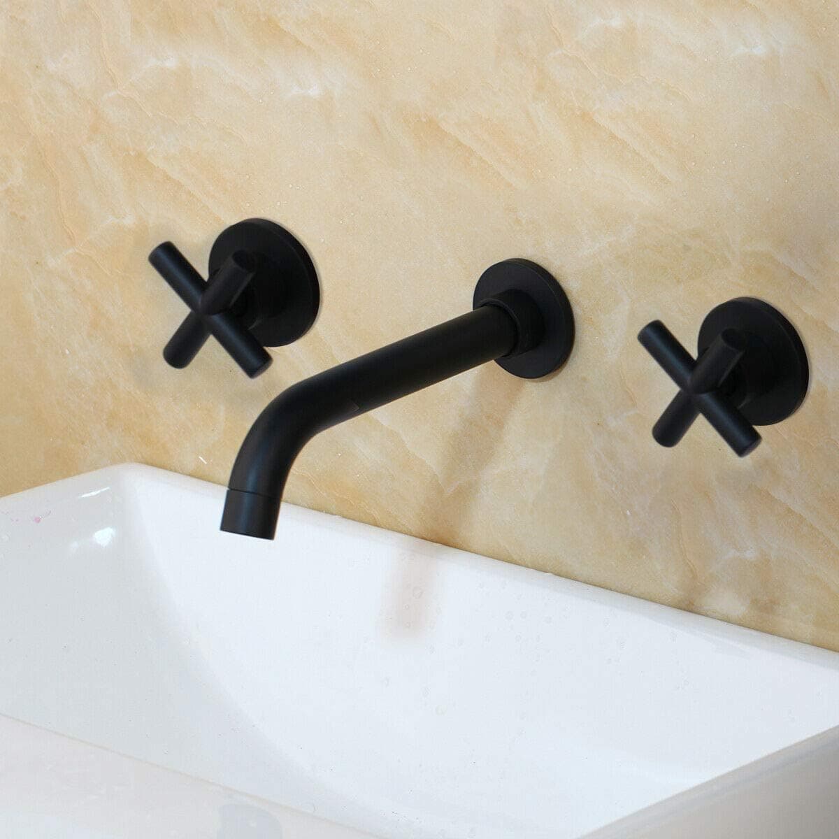 WEIXINTECH Matte Black Bathroom Faucet Wall Mount Faucet Two Handles Bathroom Sink Mixer Brass Taps