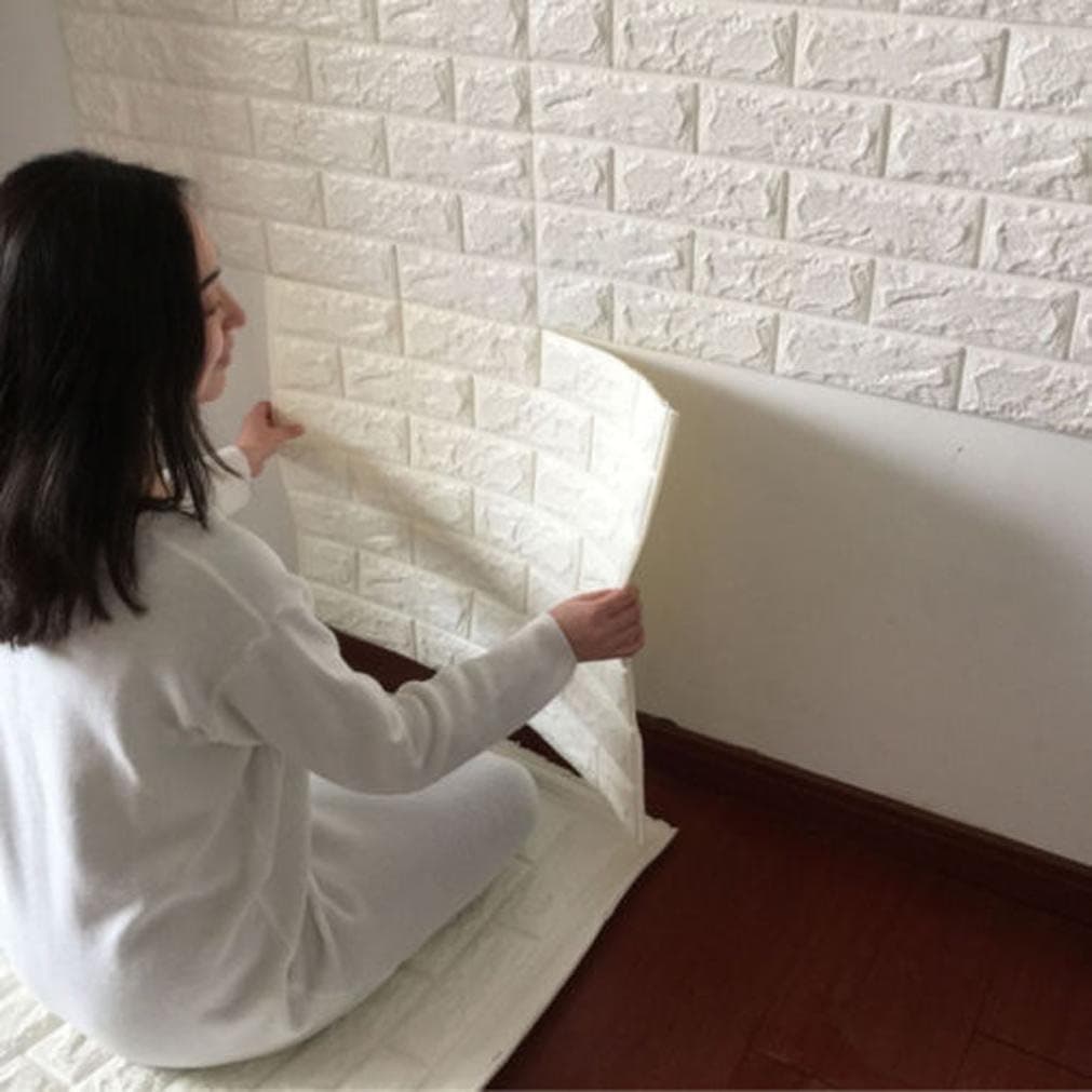 REYO PE Foam 3D Wallpaper Wall Paper Brick DIY Wall Stickers Wall Decor Embossed Brick Stone (White, 60 X 60 X 0.8cm)