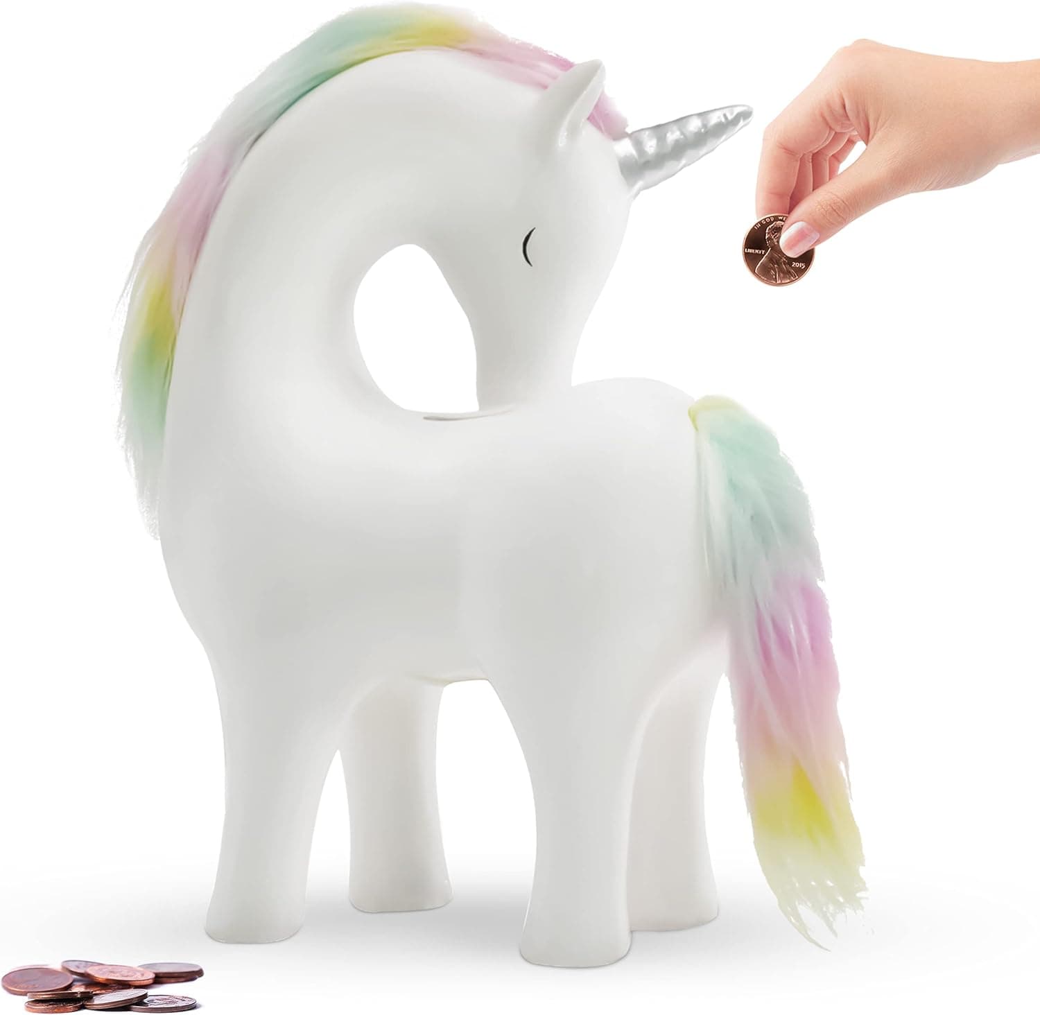 Solfres Extra Large Ceramic Unicorn Piggy Bank for Kids, Makes a Perfect Unique Gift, Keepsake Ceramic Money Box for Girls, White Rainbow Silver, Home Decor Nursery Decor 9.8" x 3.2" x 6.7"