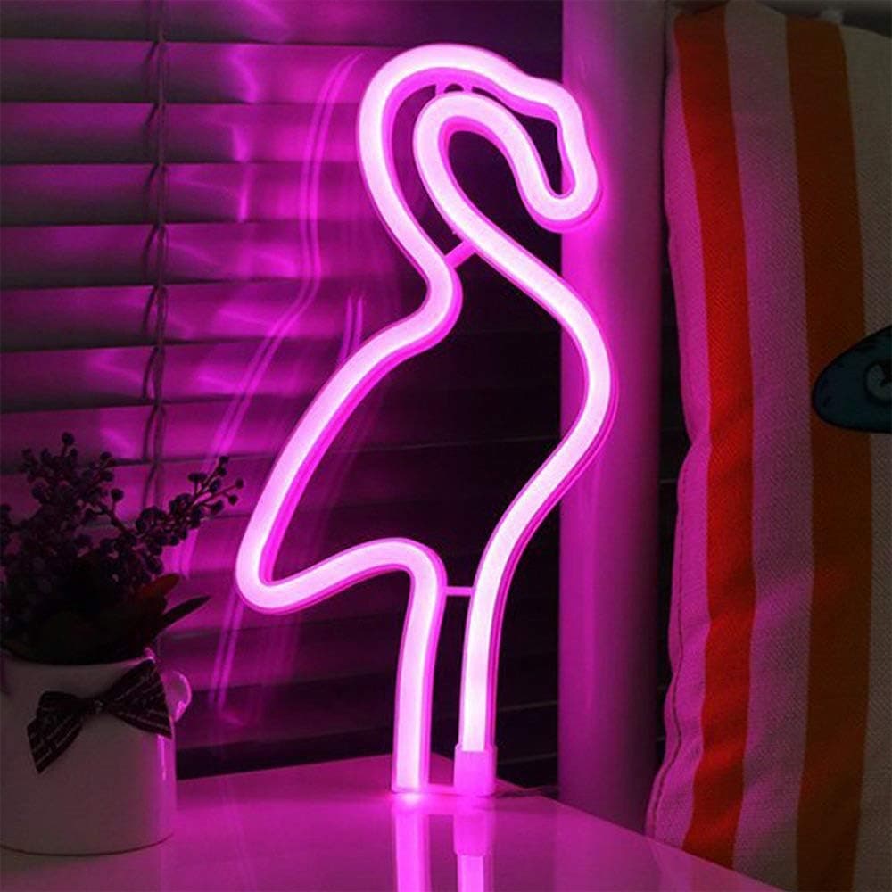 ENUOLI LED Flamingo Pink Sign Shaped Neon Light USB 3-AA Battery Powered Flamingo Night Light Sign Wall Decor Holiday Christmas Decor Light for Kids' Room Decorations Birthday Wedding Party