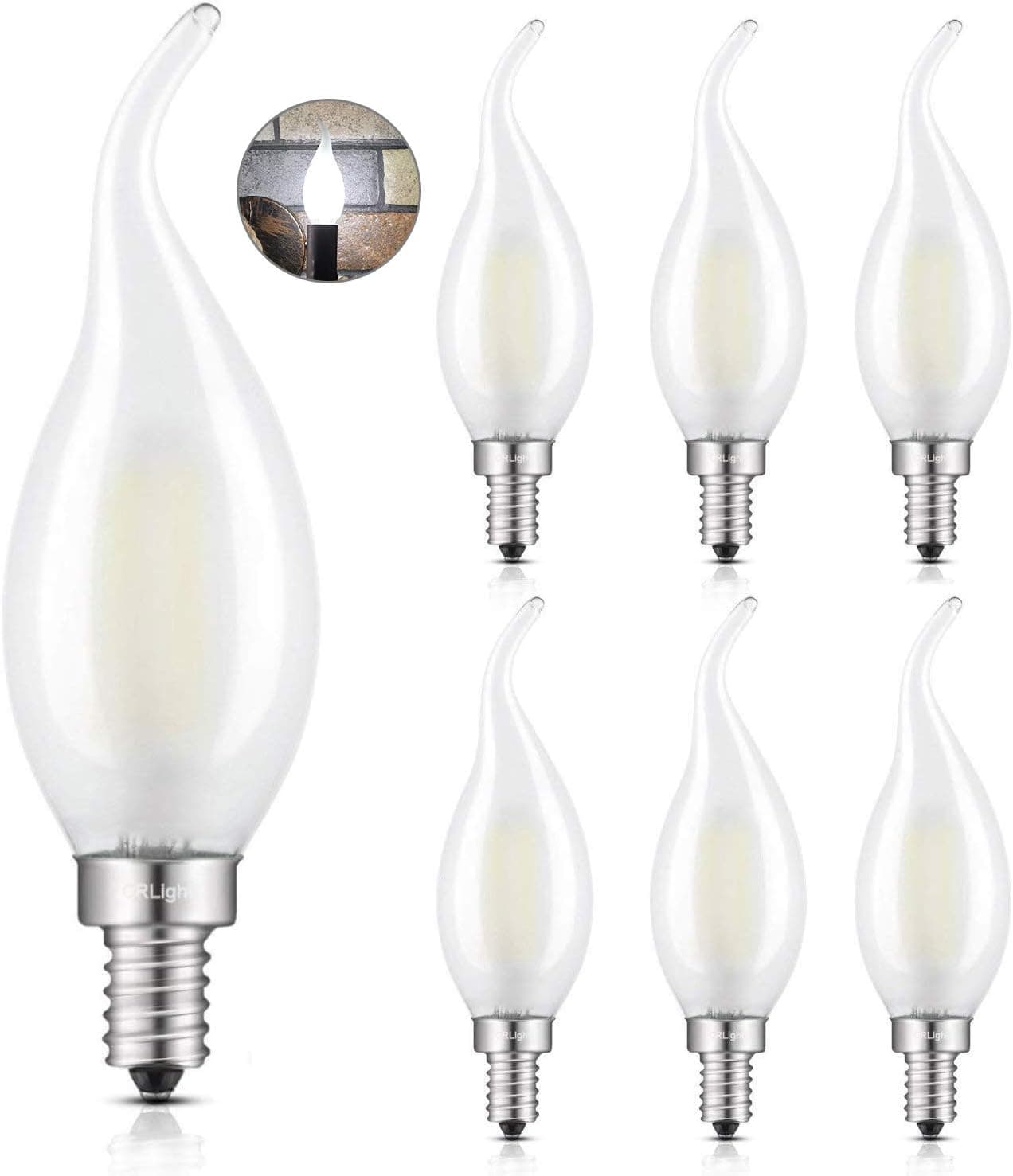 CRLight 2W LED Candelabra Bulb Daylight White 4000K 25W Equivalent 250LM, E12 Base Antique C35 Frosted Glass Candle Flame Shape Dimmable LED Chandelier Light Bulbs, Pack of 6