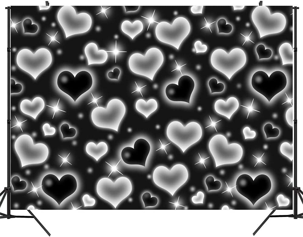 9×6ft Early 2000s Photo Backdrop Black Heart Birthday Party Banner Mother's Day Decorations Glitter Heart Sweet 16 18th 21th 30th Women Men Happy Birthday Photography Background Selfile Wall Decor