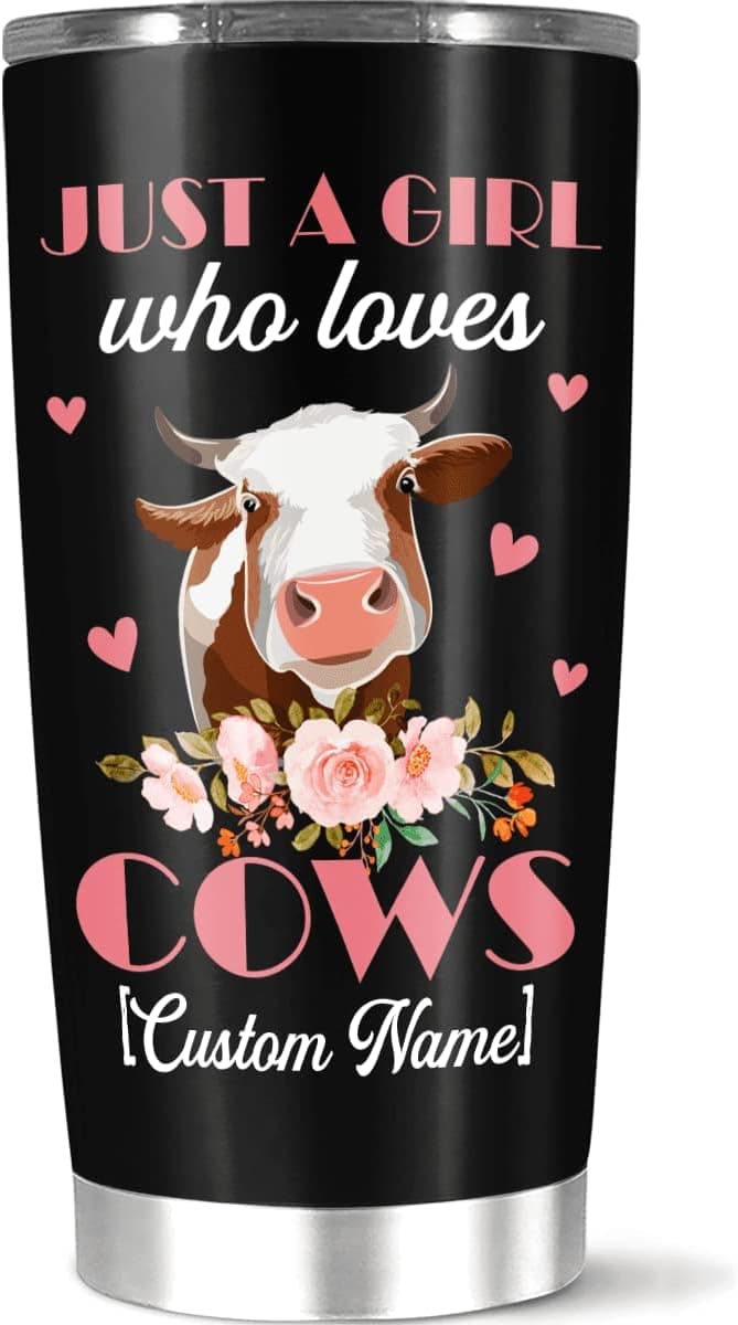 calanaram Personalized Coffee Tumbler, Customized Name Just A Girl Who Love Cow, Flower And Heart On Gift For Women Daughter Birthday, 20 30 Oz Insulated, Home Travel Office Camping Use, White