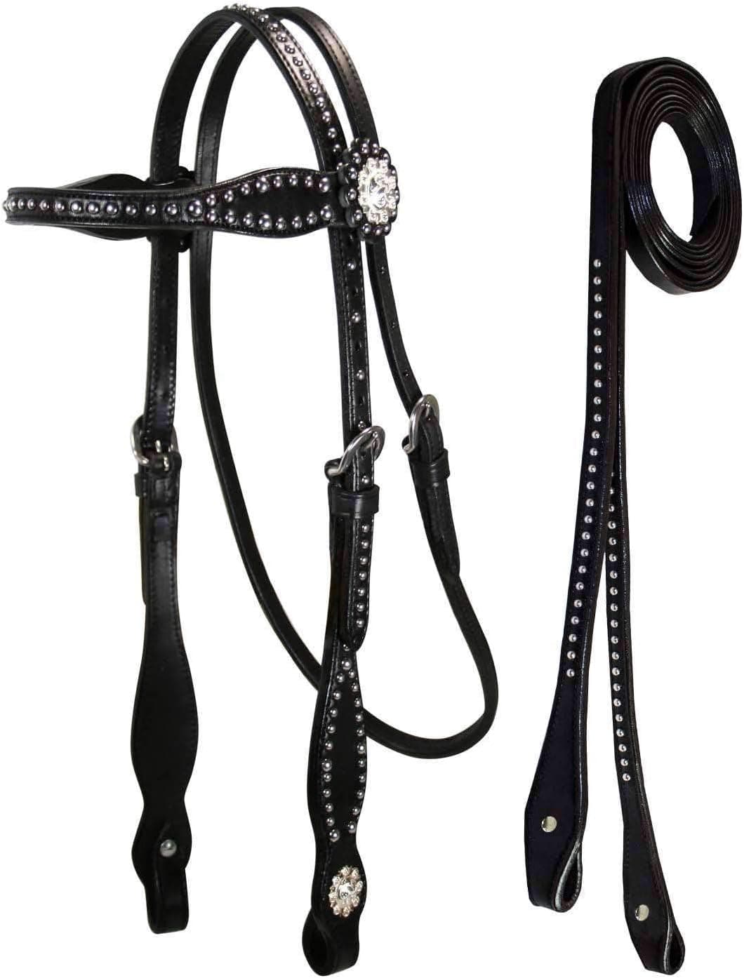 Tahoe Tack Leather Starry Night Studded Horse Headstall & Matching Reins, Black, Full Horse (17-1736-BK)