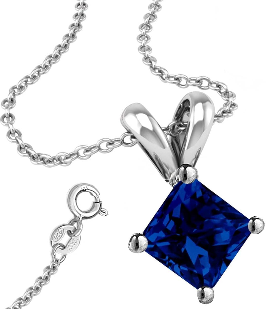 FANTOM JEWELRY Simulated Sapphire Cubic Zirconia Necklace Pendant with 18 Inch Rolo Chain in 925 Sterling Silver