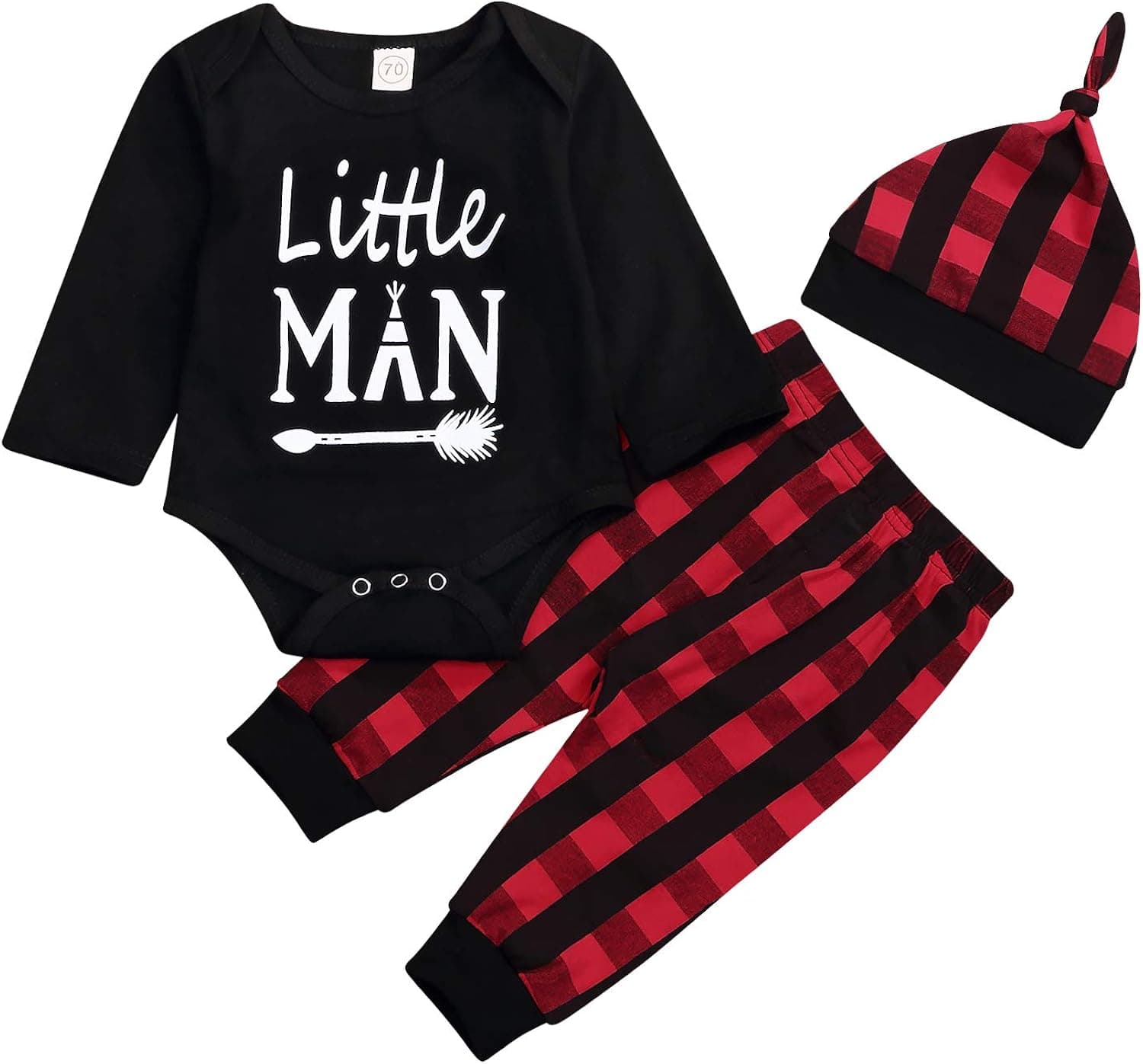 Newborn Baby Boy Girl Clothes Little Man Long Sleeve Romper,Plaid Pants + Cute Hat 3pcs Outfit Set