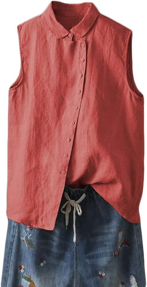 Minibee Women's Linen Sleeveless Shirt Solid Color Tank Top Casual Plus Size Shirts Blouses Orange XL