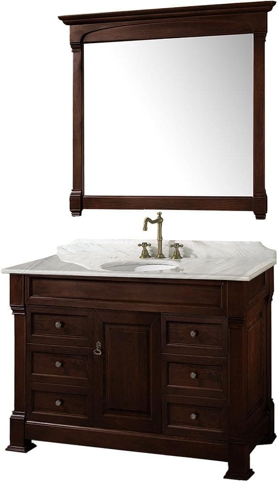 Wyndham Collection Andover 48 inch Single Bathroom Vanity in Dark Cherry, White Carrera Marble Countertop, White Undermount Round Sink, and 44 inch Mirror