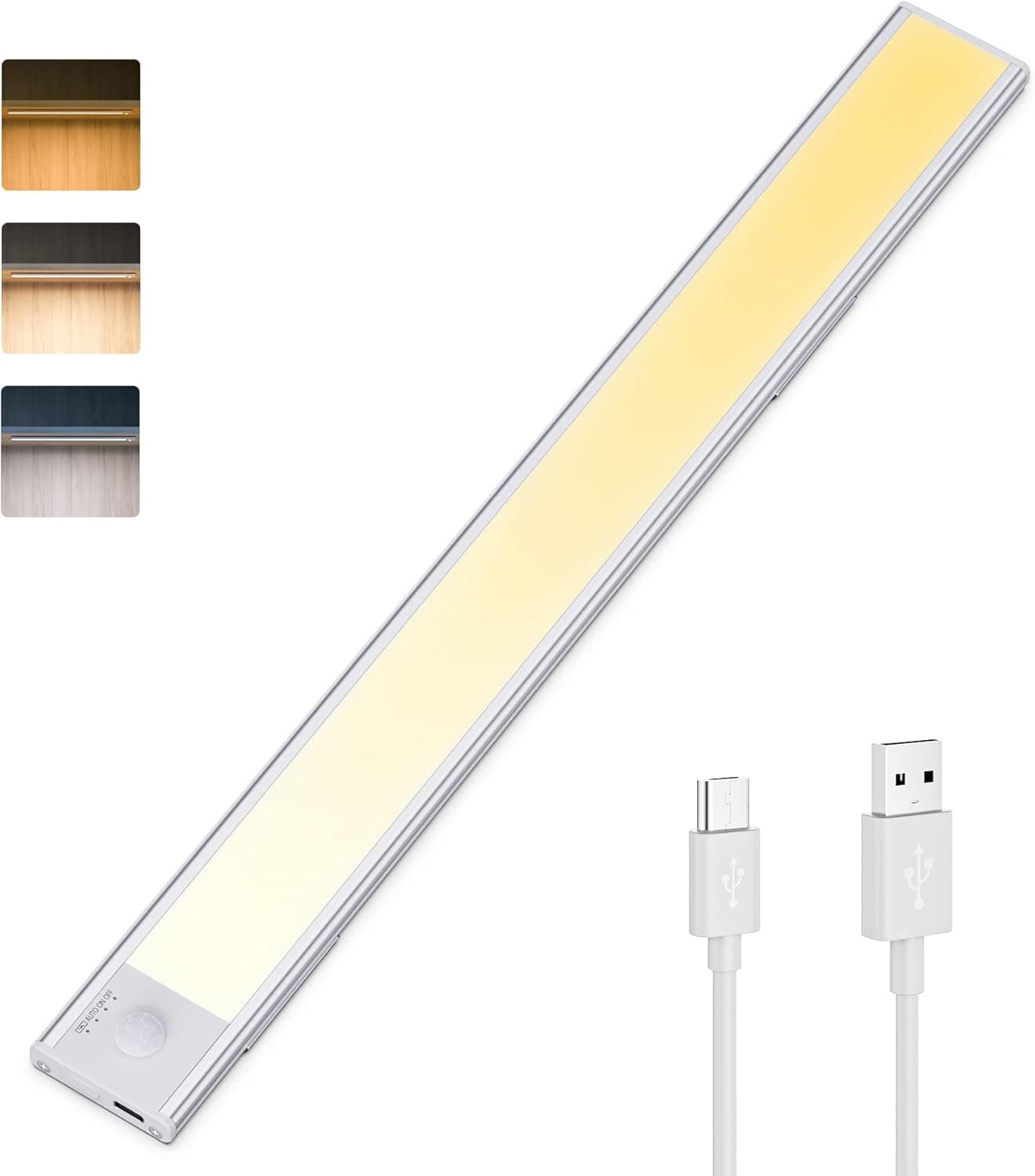 3-Color Dimmable Motion Sensor Under Cabinet Lights, USB Rechargeable Battery Operated LED Closet Light, Stick-on Anywhere Magnetic Night Light for Kitchen, Stairs, Wardrobe, Kitchen, Hallway