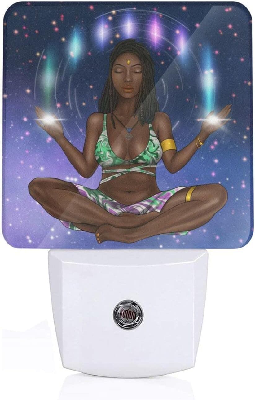 African Black Women Girl Yoga Meditation American Plug in Led Night Light Auto Dusk-to-Dawn Sensor Lamp for Bedroom Bathroom Kitchen Hallway Stairs Room Decorative Nightlight for Kids Adults