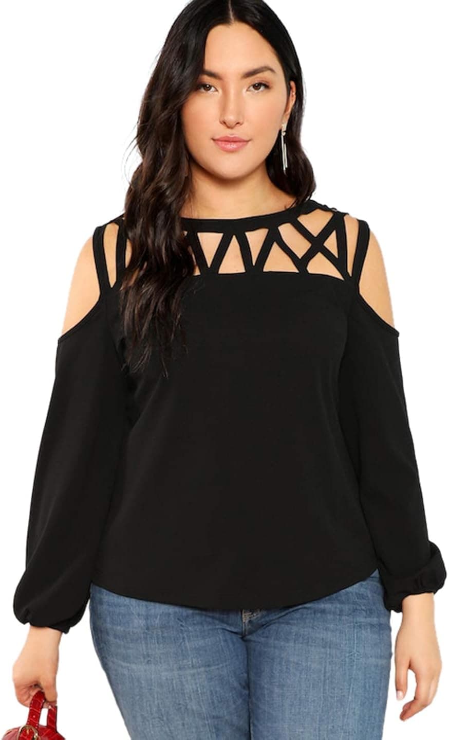 Romwe Women's Plus Size Long Lantern Sleeve Cold Shoulder Hollow Out Casual Top Blouse