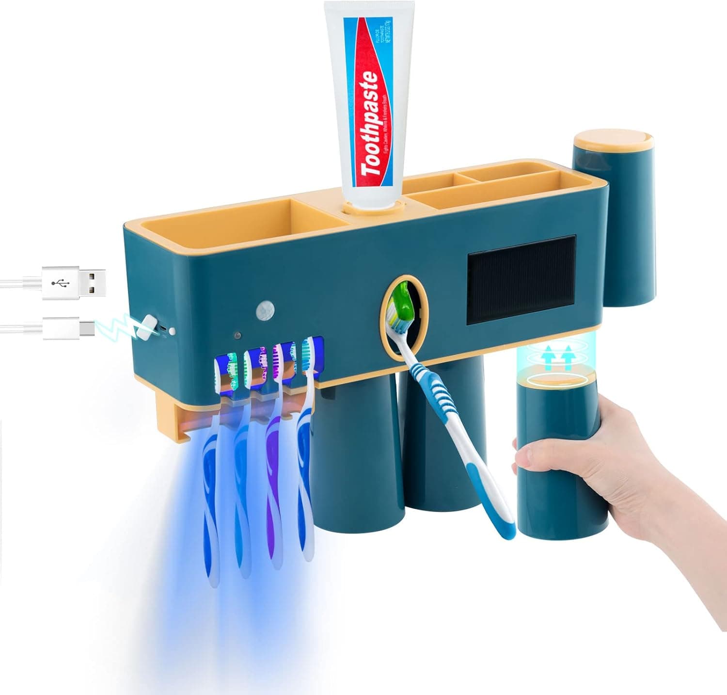 UV Toothbrush Holders Wall Mounted with Toothpaste Dispenser,Bathroom Electric Toothbrush Sanitizer Holder Hanging on Mirror,Punch Free Organizer Set,4 Suction Mugs Cups,Storage Rack,UVC LED Light