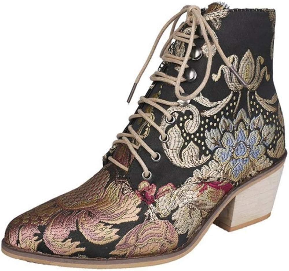 Gets Womens Vintage Floral Embroidered Block Heel Cowboy Boots Heighten Ankle Booties