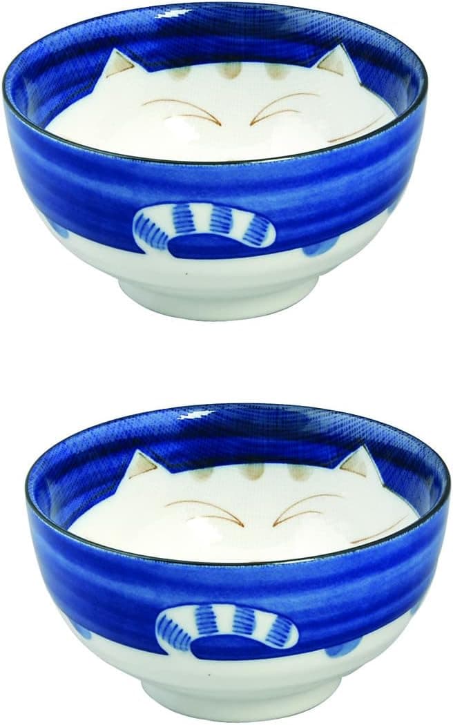 JapanBargain 2472, Japanese Soup Bowls Rice Bowls Porcelain Bowls Made in Japan, Maneki Neko Lucky Cat Pattern, 6.25 inch, Set of 2