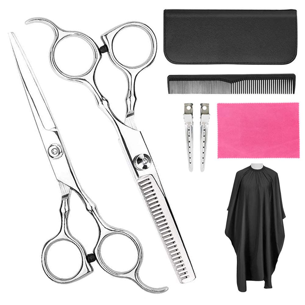 8 Pcs Hair Scissors, Professional Hair Cutting Scissors with Flat Shears, Teeth Shear, Hair Clip, Comb, Salon Cape, Thinning Shears for Women/Men Shear at Home Salon