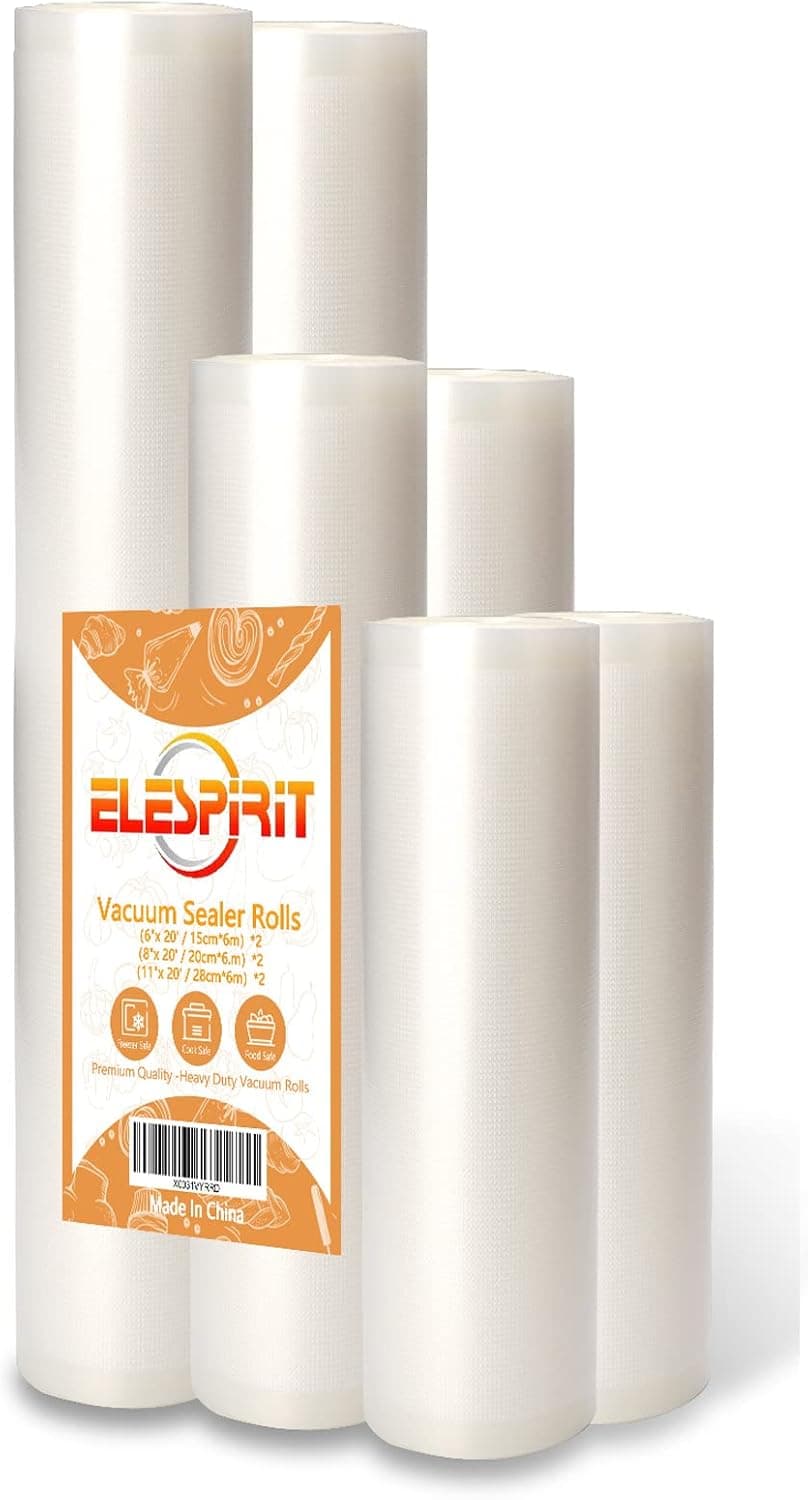 ELESPIRIT Vacuum Sealer Bags Rolls 6 Pack 6"x20'(2Rolls), 8"x20'(2Rolls) and 11"x20'(2Rolls), Commercial Customized Size, Heavy Duty, Great for Sous Vide and Vac Seal storage