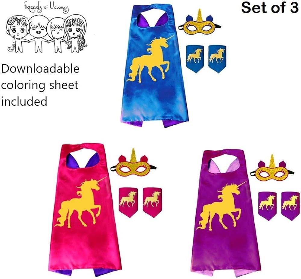 Unicorn Superhero Costume Set with Reversible Cape, Mask, and Wrist Cuffs. (Purple, Pink, Blue)