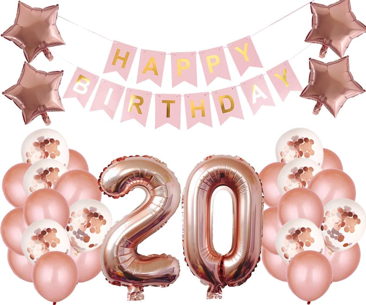 20th Birthday Party Decorations Kit Happy Birthday Banner with Number 20 Birthday Balloons for Birthday Party Supplies 20th Rose Gold Birthday Party Pack