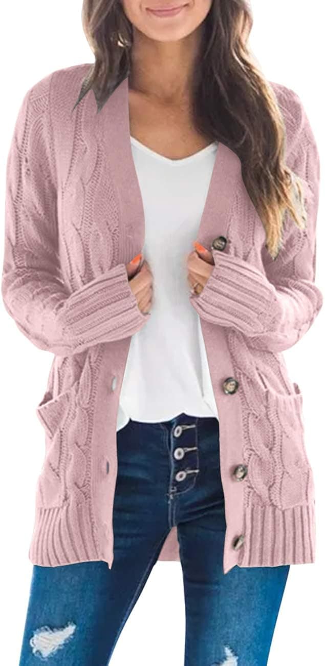 MEROKEETY Women's Long Sleeve Cable Knit Sweater Open Front Cardigan Button Loose Outerwear