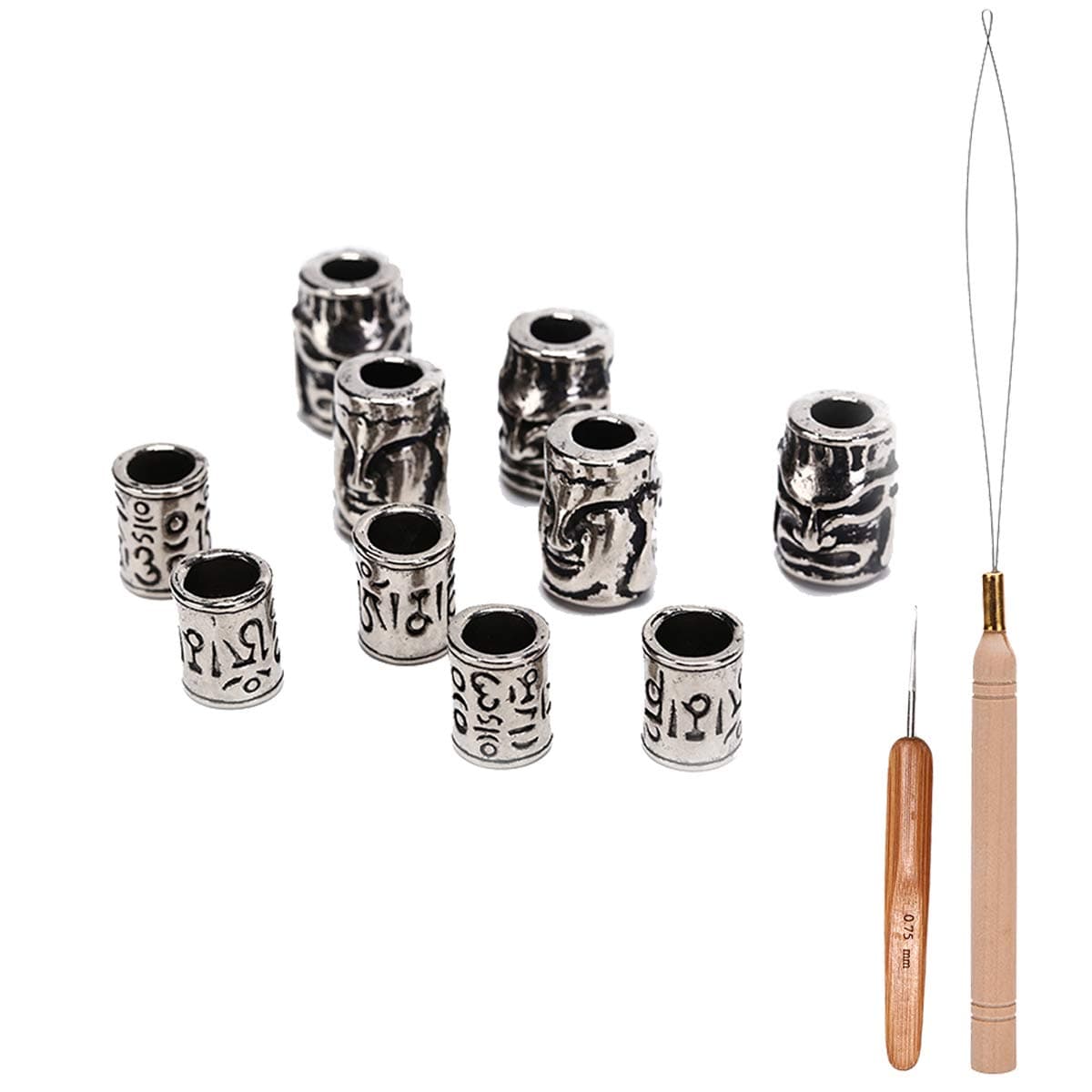 PIAOPIAONIU 10 Pcs Norse Vikings Runes Hair Beard Buddha Beads,Braiding Beads Antique Beard Ring With 1 Pcs Dreadlock Crochet Hook & Pulling Loop