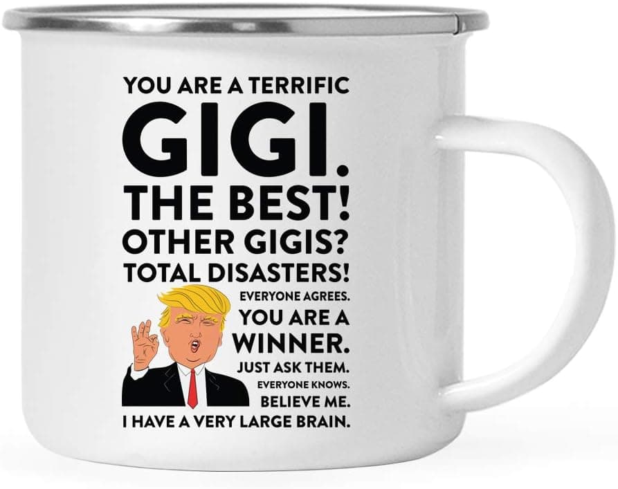 Andaz Press Funny President Donald Trump Stainless Steel 11oz. Campfire Coffee Mug Gift, Terrific Gigi, 1-Pack, Metal Enamel Christmas Birthday Drinking Camp Cup Republican Political Satire
