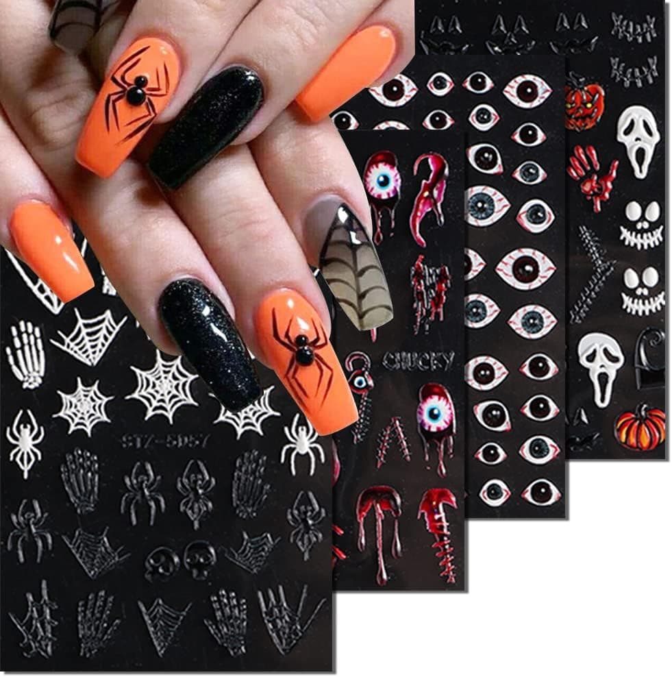 5D Embossed Halloween Nail Art Stickers Self-Adhesive Decals Nail Art Supplies Realistic Spider Skull Bone Eyes Design Acrylic Sticker Halloween Ghost Pumpkin Bat for Women DIY Nail Art Decoration