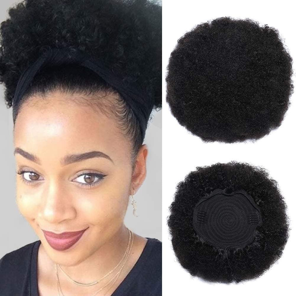 Afro Puff Drawstring Ponytail Kinkys Curly Human Hair Puff Ponytails Hairpieces for Black Women with Clips Natural Color Hair (8 inch)