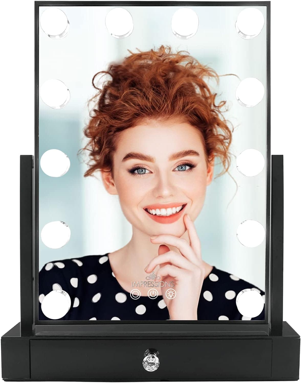 Impressions Vanity Hollywood Tri-Tone XL Lighted Makeup Mirror, Makeup Vanity Mirror with Lights and 3 Color Moods, Tilted Desk Mirror with Makeup Drawer Organizer Compartment Section (Black)