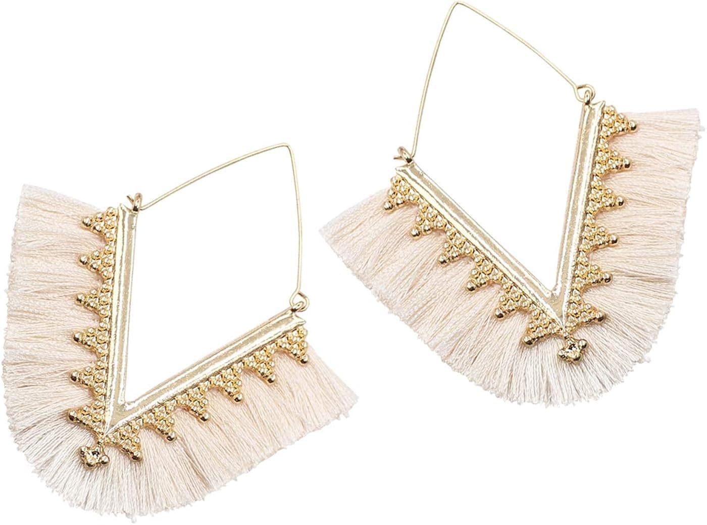 MEYFANCY Fan Tassel Earrings for Women V Shaped Fringe Drop Dangle Hoop Earrings Fashion Jewelry (White)