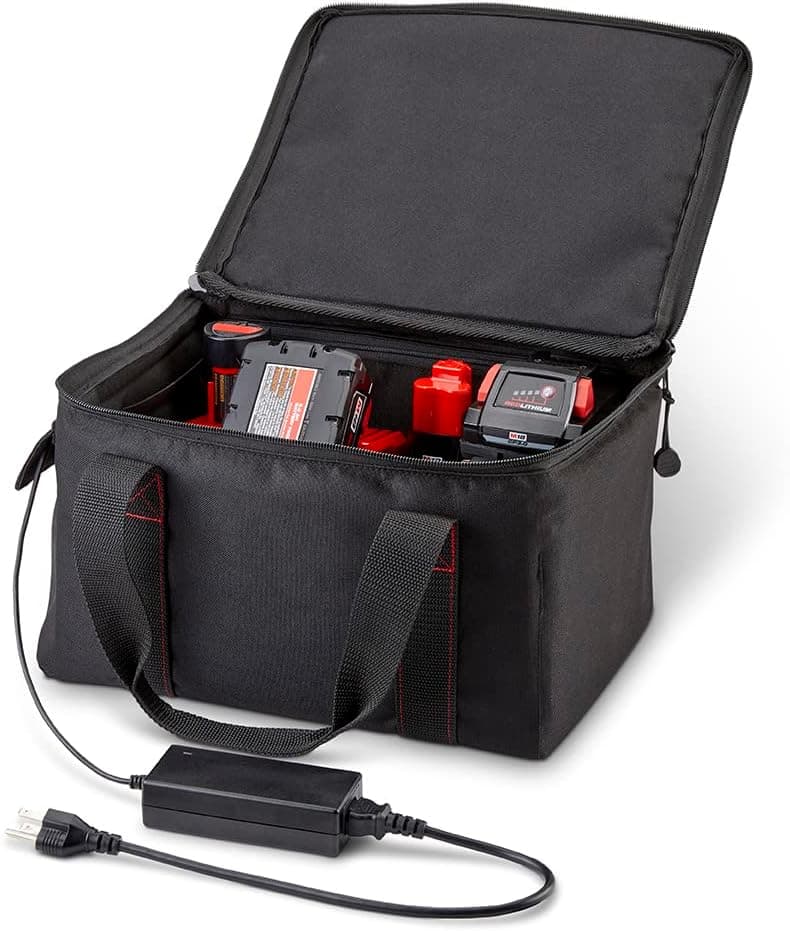 FreezArmor 13" Power Tool Battery Warmer for Contractors, Holds 12V, 18V, and 20V Lithium Ion Batteries and Caulk, Heated Tool Battery Bag, Water Resistant, 120V, 13"L x 10"W x 8"H