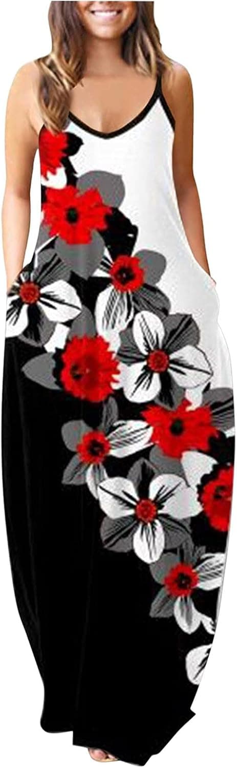 Tavorpt Summer Dresses for Women, Women's O-Neck Sleeveless Floral Print Plus Size Maxi Dress Loose Beach Party Sundress