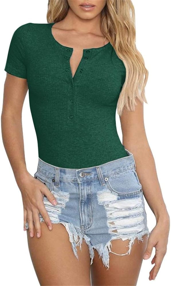 GEMBERA Women Short Sleeves Henley Neck Button Down Bodysuit Ribbed Knit Thong Basic Leotard Top