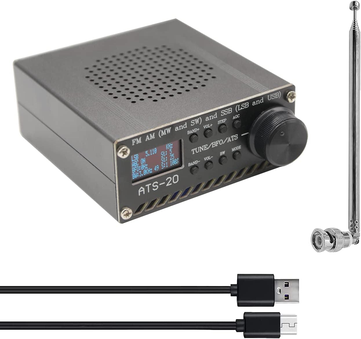 All Band ATS-20 Si4732 Portable shortwave Radio ， FM AM (MW SW) SSB (LSB USB) Frequency Radio Receiver Scanner Handheld Radio Aluminum Alloy Case,Built-in Battery, with Speaker, Antenna