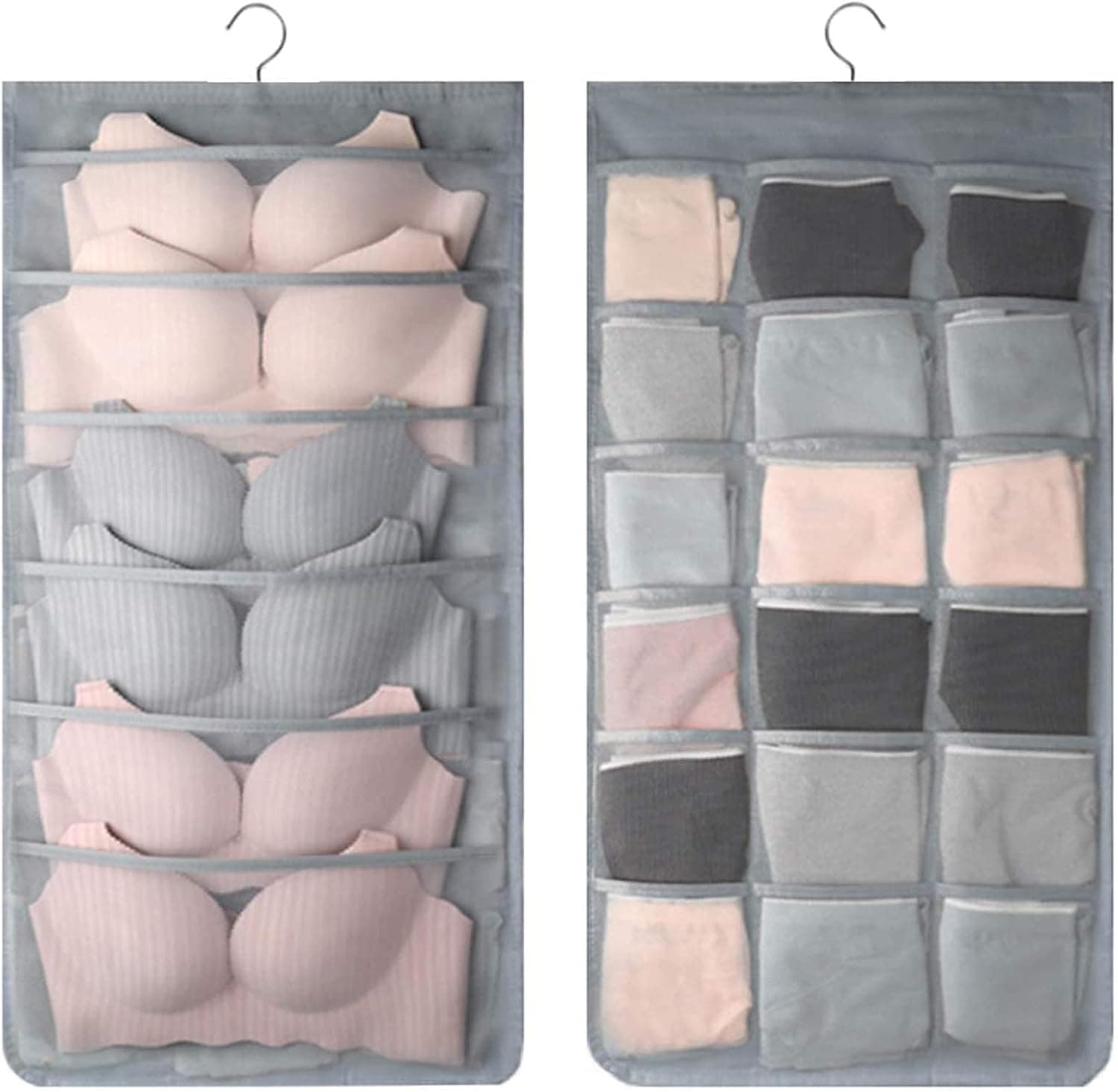 Dual Sided Wall Closet Hanging Organizer Storage with Mesh Pockets for Underwear Bra Underpants Socks with Metal Hook Wardrobe Storage Bags Oxford Cloth Space Saver (Gray-(6+18) Pockets)