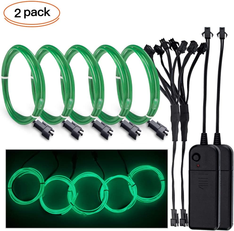 EL Wire Green, Neon Lights Kit with Portable Battery Inverter for Party Home Decoration (5 x 1 Meter, 2 Pack)