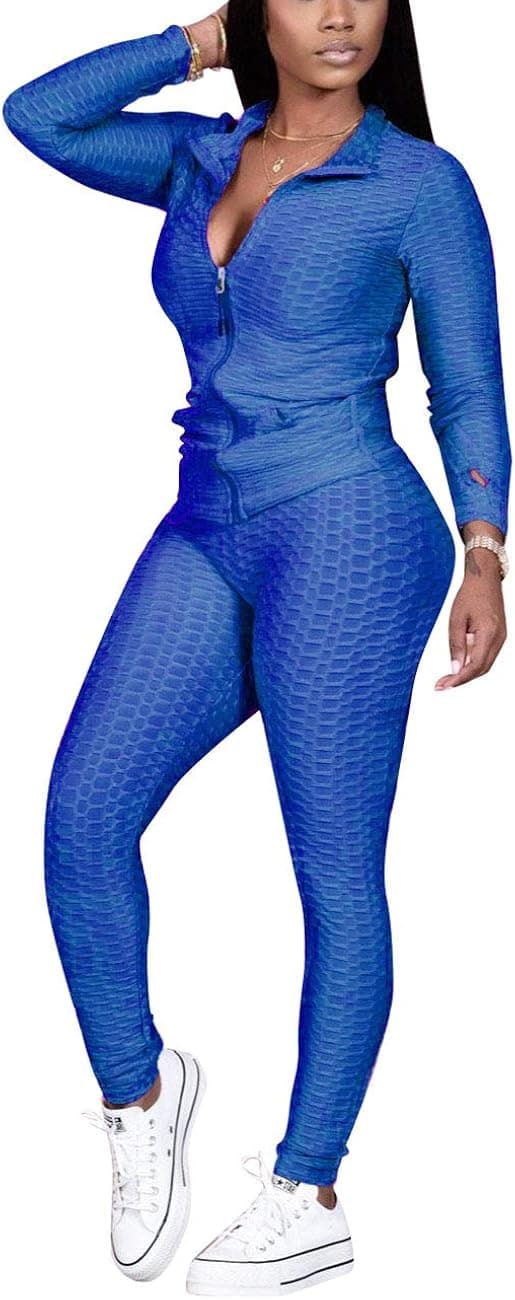 Jogging Suits for Women, Textured 2 Piece Outfit Long Sleeve Full Zip Jacket Skinny Pants Tracksuit Set