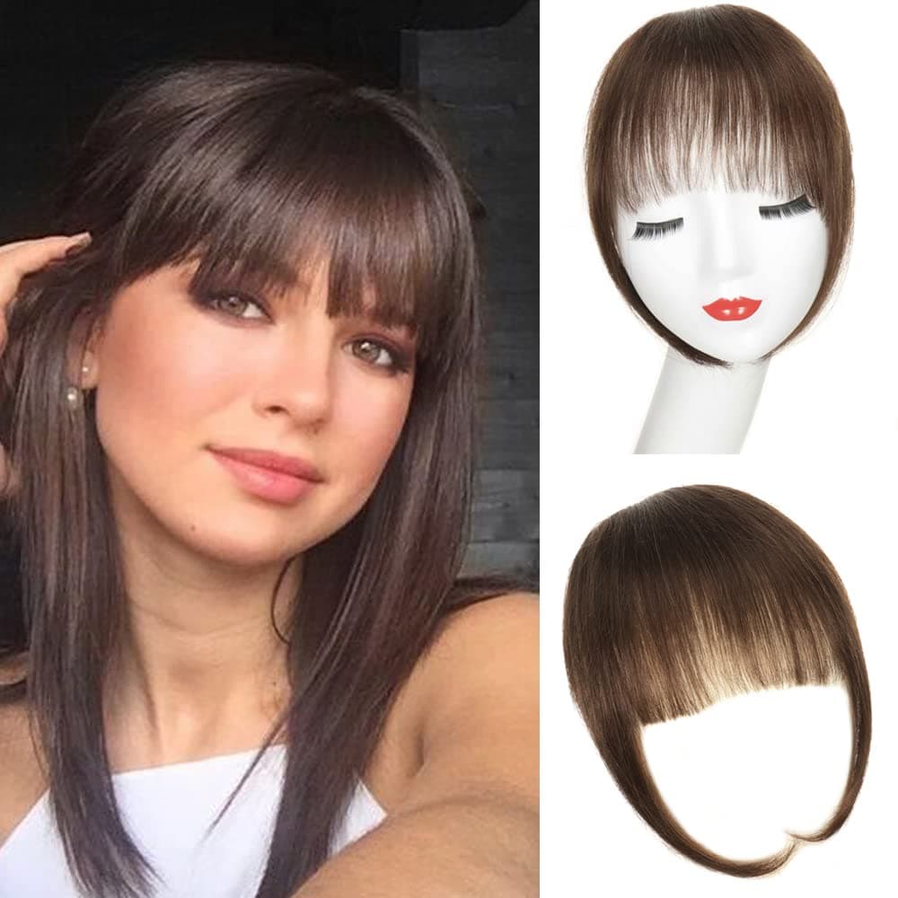 Clip in Bangs with Temple 100% Remy Human Hair Bangs Extensions French Bangs Air Bangs Neat Bangs with Temples Clip on Fringe Bangs (#2/Dark Brown, One Clip in)