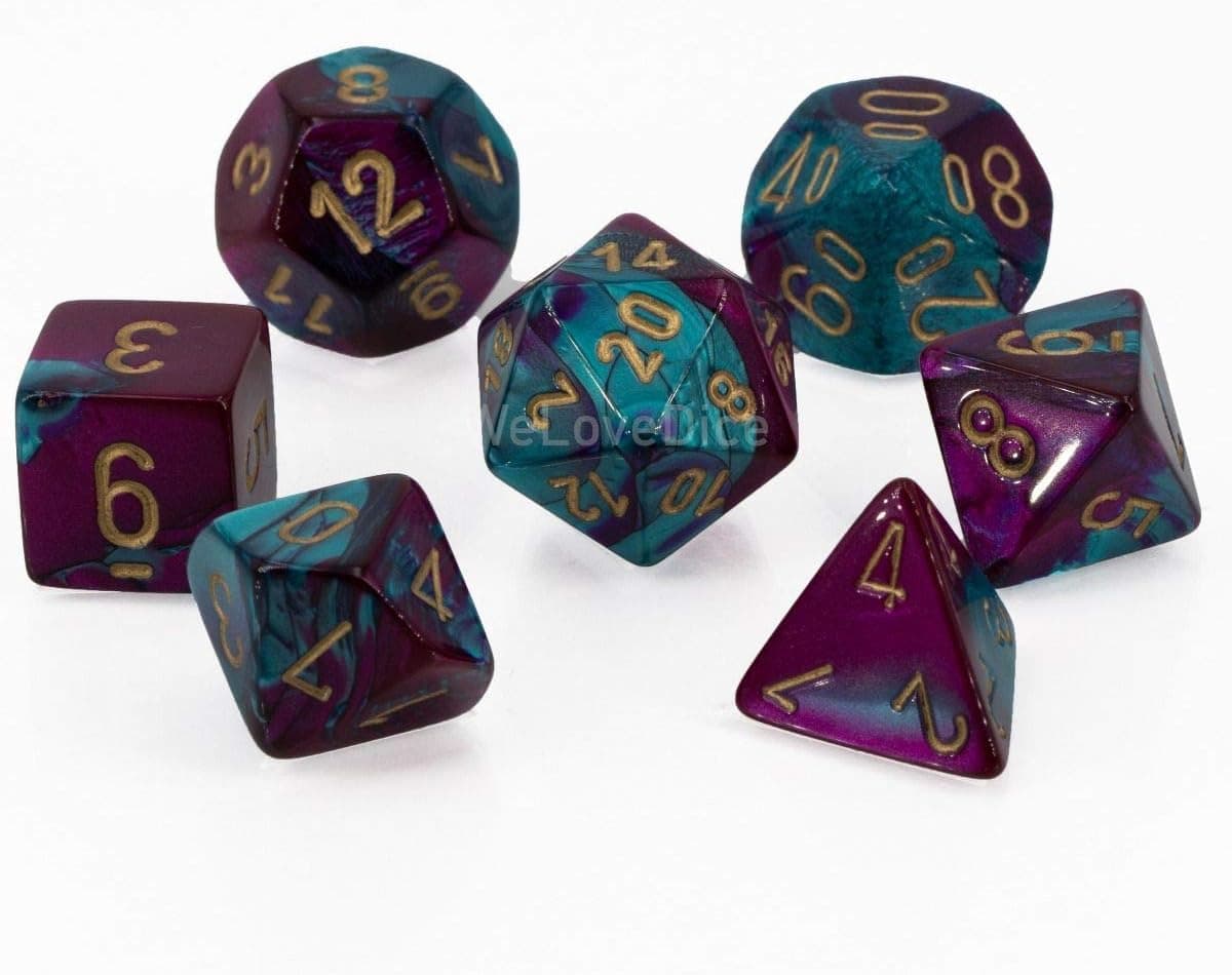 Chessex Manufacturing Cube Gemini Set Of 7 Dice - Purple & Teal With Gold Numbering CHX-26449
