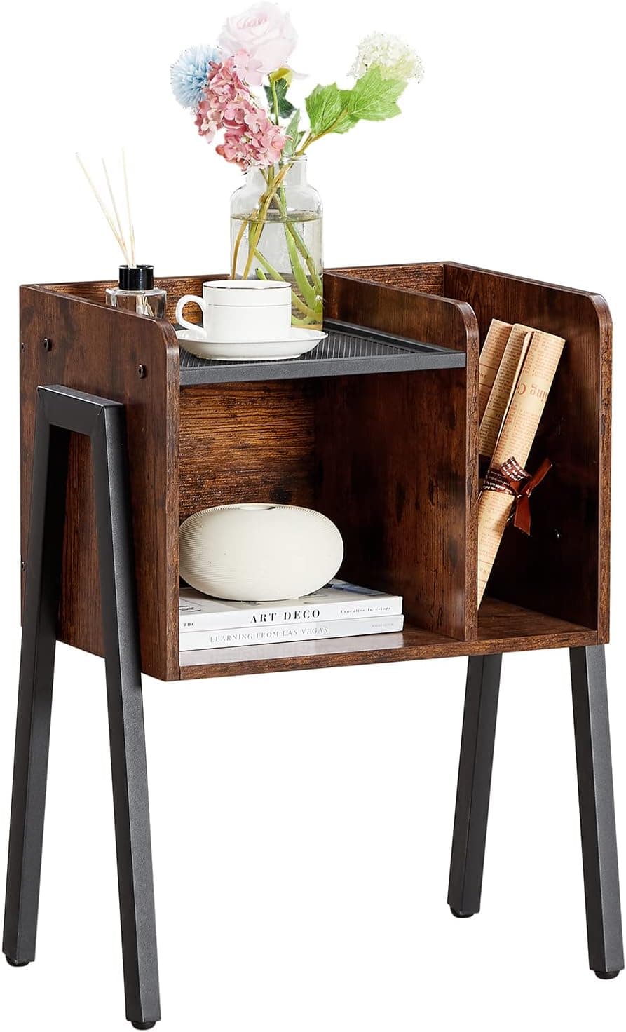 VECELO Nightstand Industrial Side End Table/Stackable Accent Furniture with 2-Tier Open Storage Compartments for Bedroom, Living Room and Small Spaces, 1 Pack, Brown